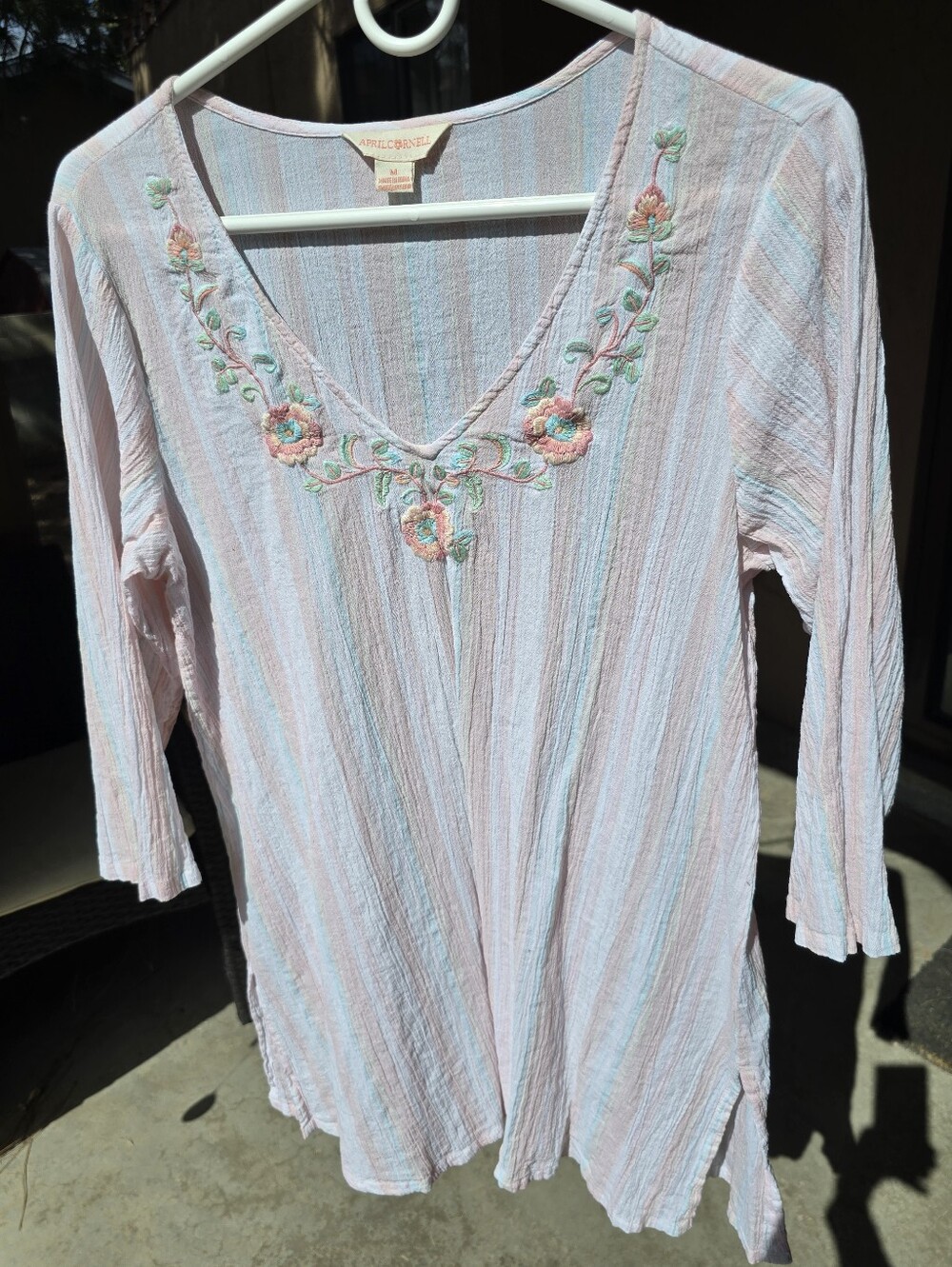 April Cornell Pastel Striped Tunic with Floral Embroidery